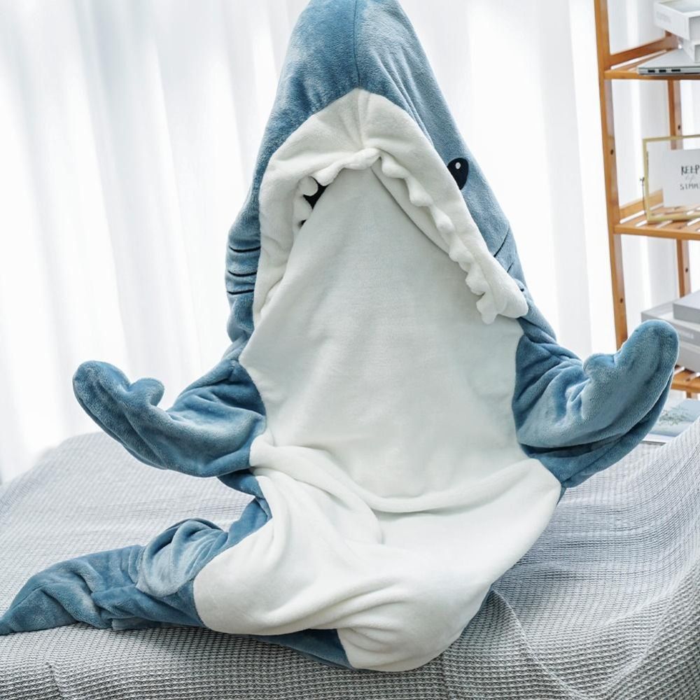 Wearable Shark Blanket, Shark Tail Double Sided Cozy Minky Fleece Throw Blanket (Gray & Blue)